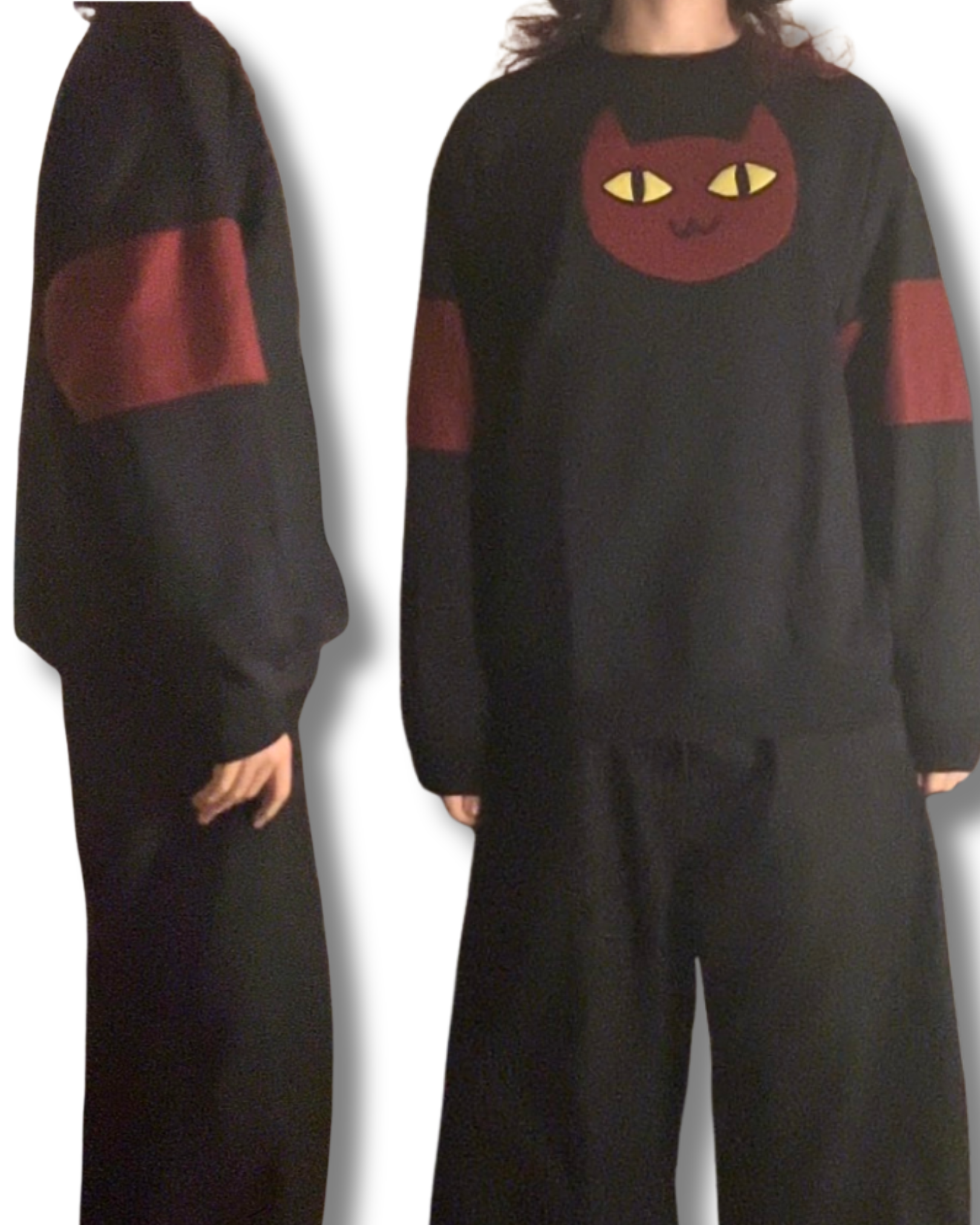 Black outfit with red cat face design on a white background
