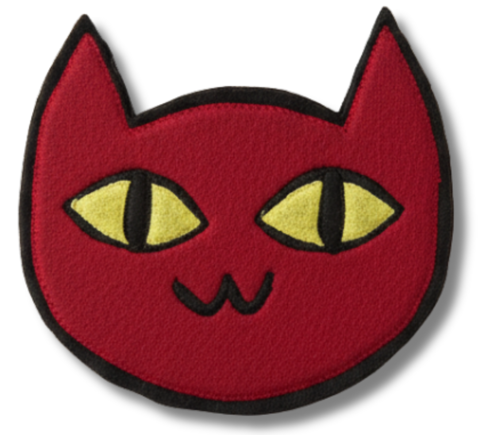 Red cat face patch with yellow eyes on a white background